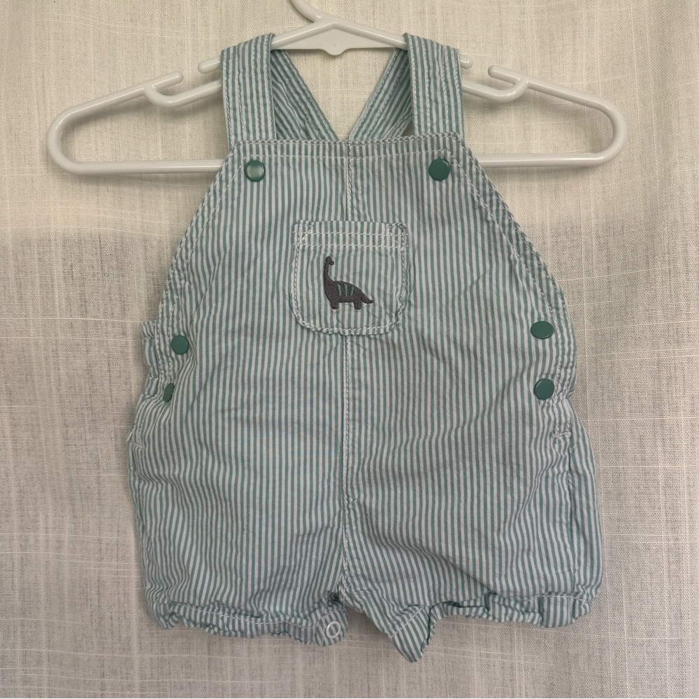 Carter's Light Green & White Striped Dino Shortall Overalls 100% Cotton Size 3Mo